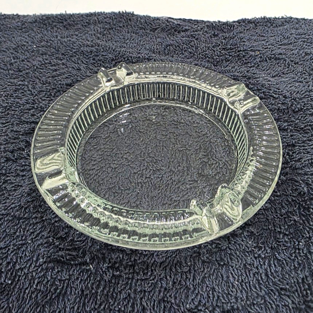 Vintage Clear Glass Ashtray 4.5” Round Ribbed Pressed Glass Cigarette Rest